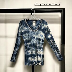 Apriori, Blue Tie-Dye Jewel Neckline Top, US 12 / Canada 14